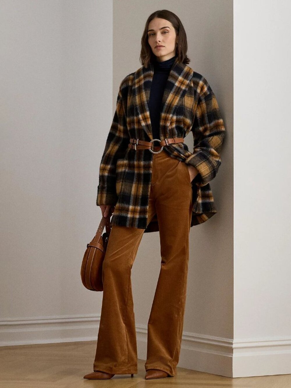 Lauren Ralph Lauren Brushed Wool Plaid Shawl Collar Wrap Jacket